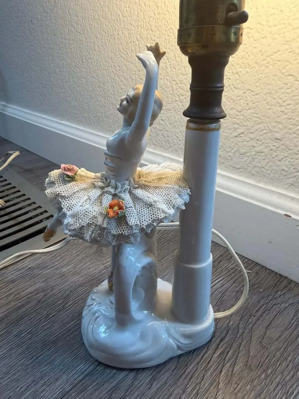 Vintage Dresden Style Porcelain Ballerina Figurine Table Lamp with Lace Tutu